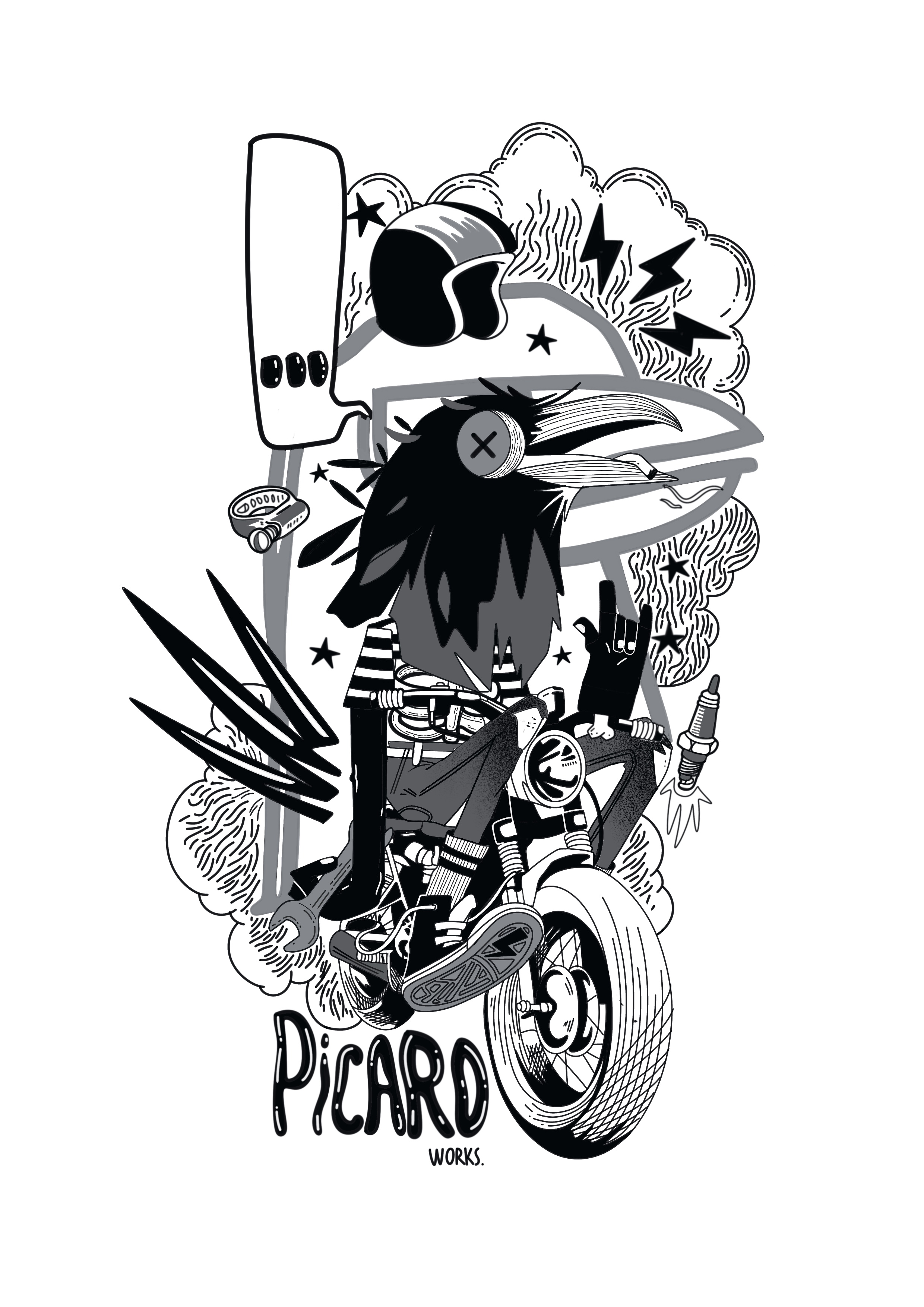 Illustrated cafe racer rider